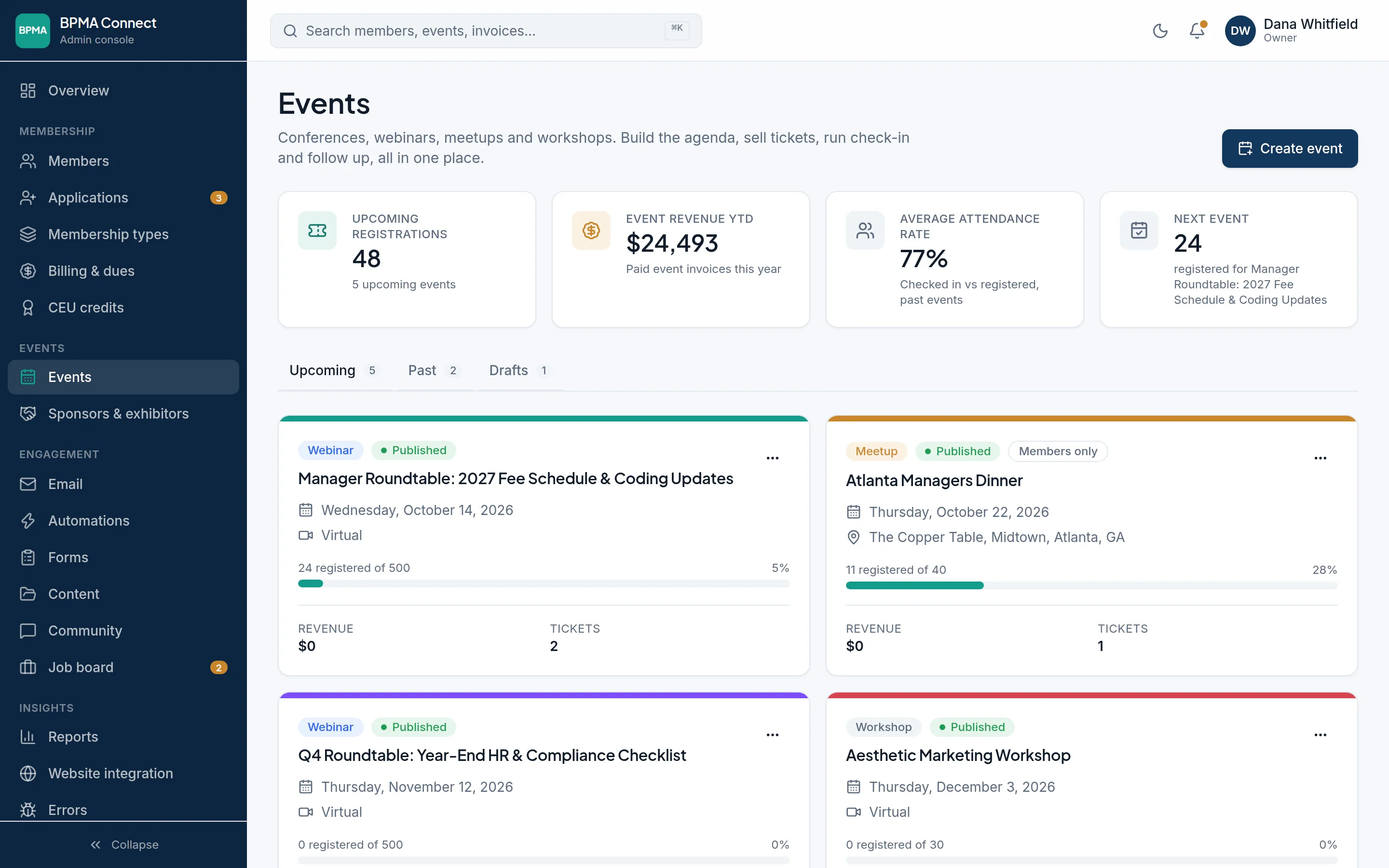 The events page in the admin console: upcoming registrations, event revenue, attendance rate and cards for each upcoming event.