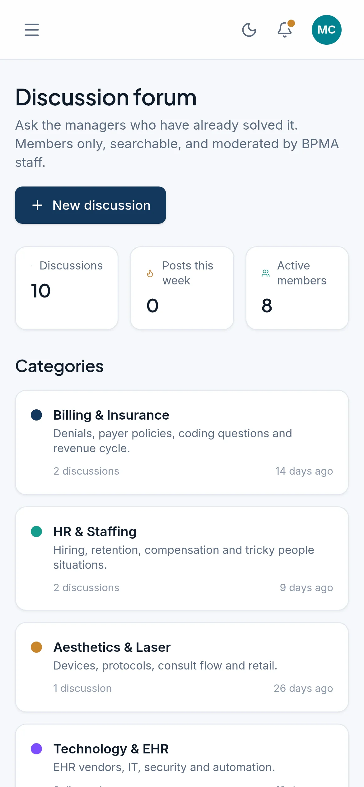 The discussion forum in the portal on a phone, with categories such as billing and insurance, and HR and staffing.