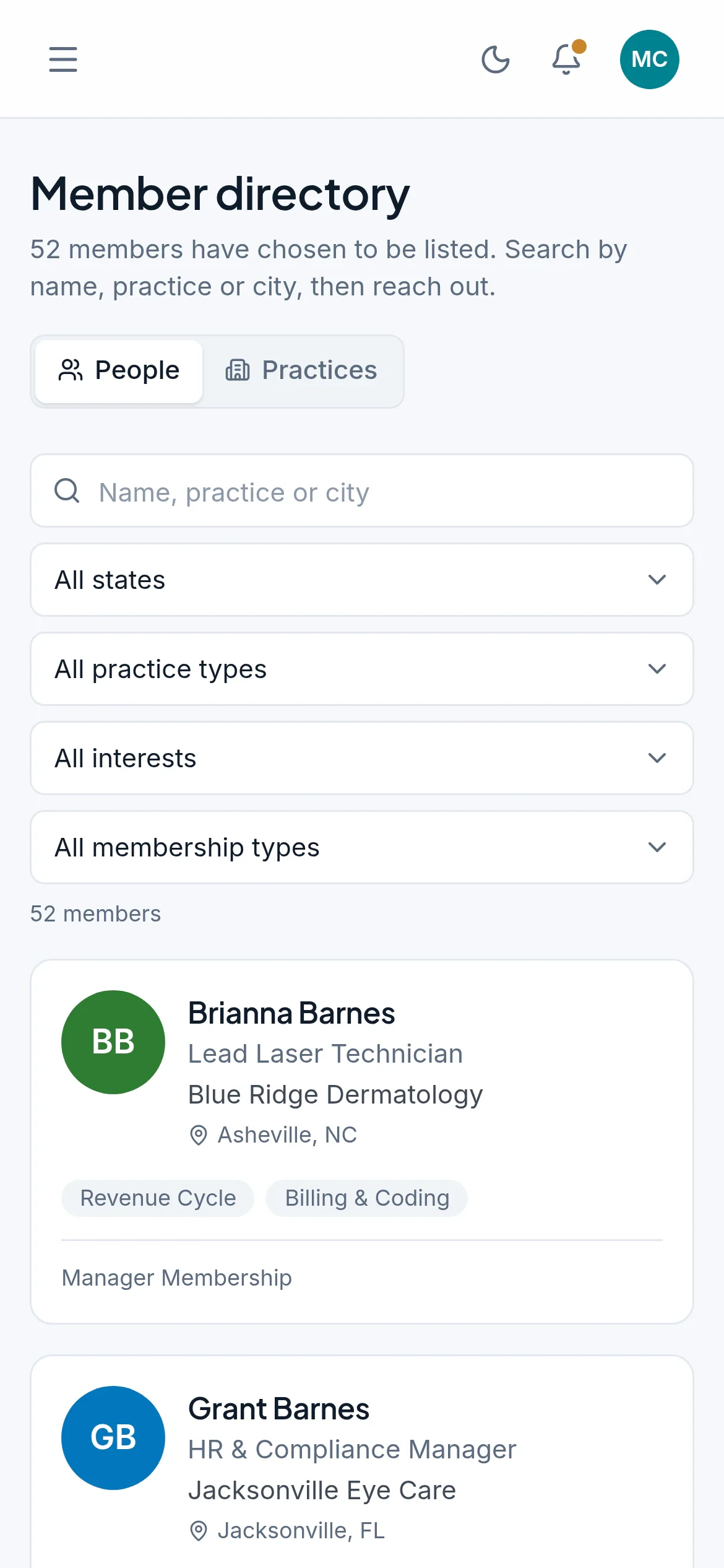The member directory in the portal on a phone, listing members with their practices and cities.
