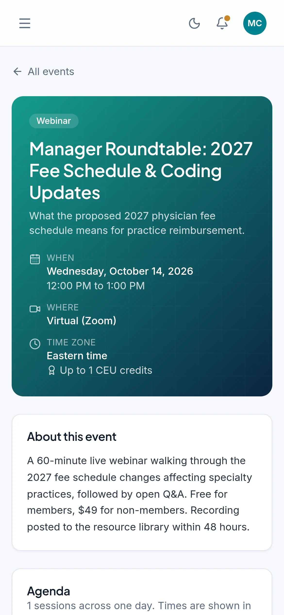 An event page in the member portal on a phone: a webinar on the 2027 fee schedule, with the date, time and CE credit.