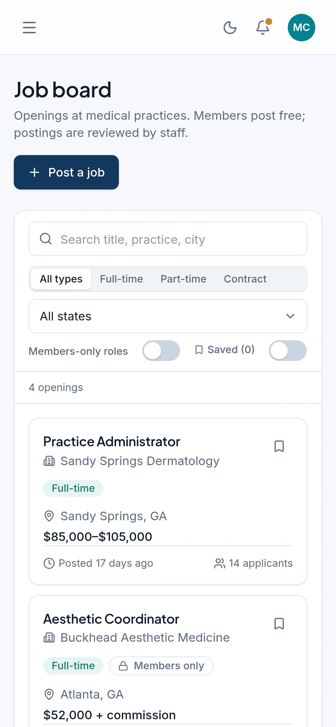 The job board in the portal on a phone, listing a practice administrator opening and an aesthetic coordinator opening.