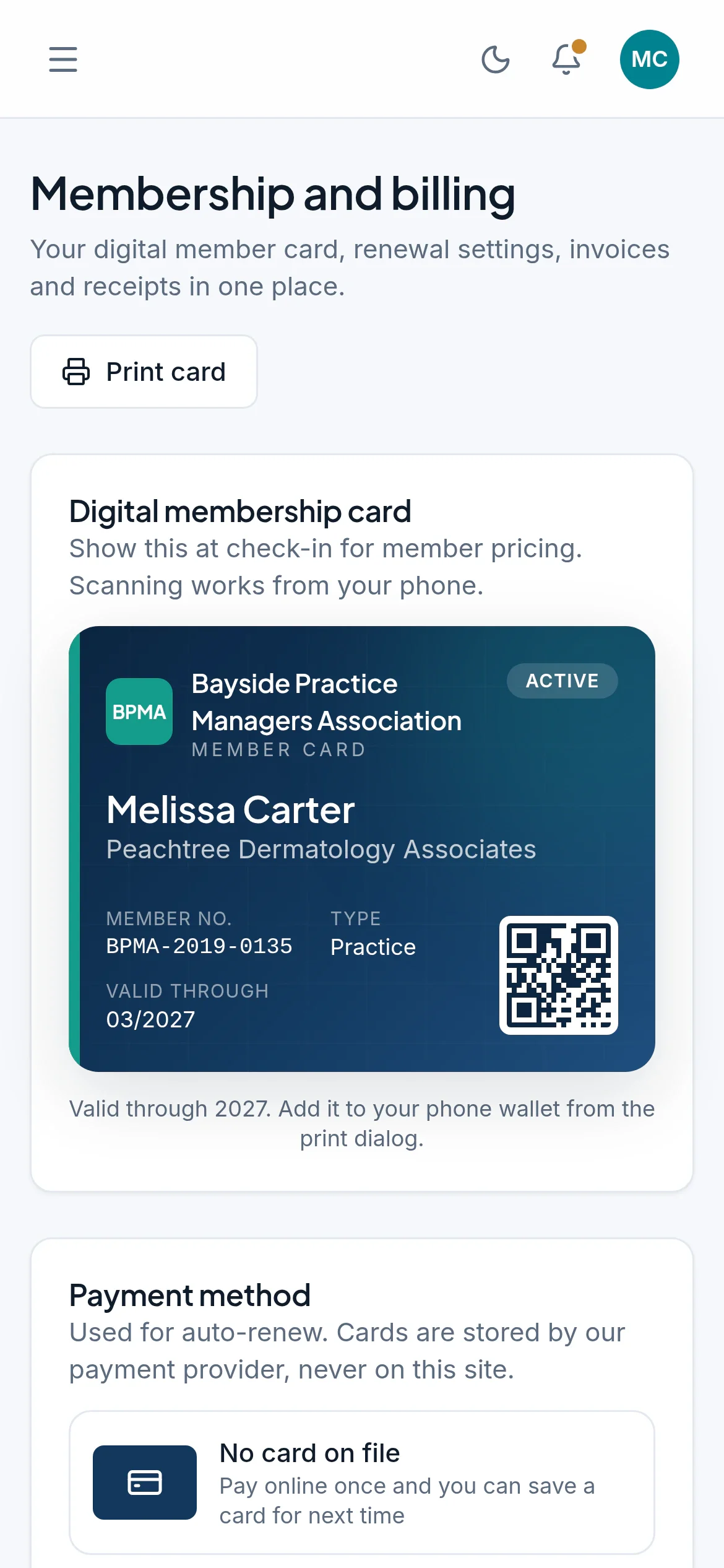 The membership page in the portal on a phone, with a digital membership card showing the member's name, practice, member number and a QR code.